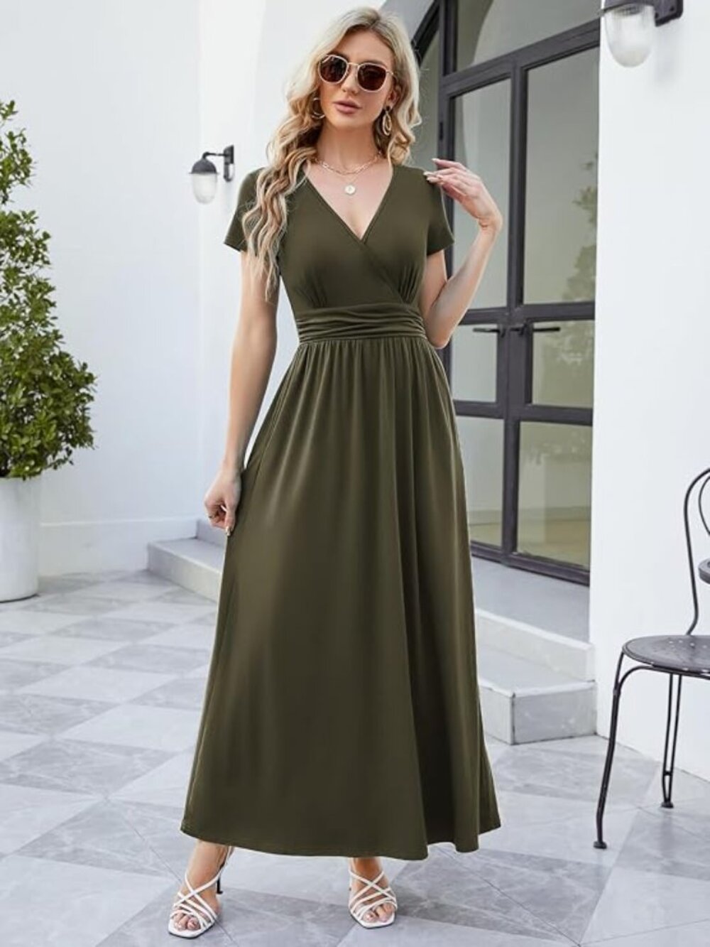 Women's 2026 Wrap V Neck Maxi Dress Short Sleeve Empire Waist Flowy Summer Long